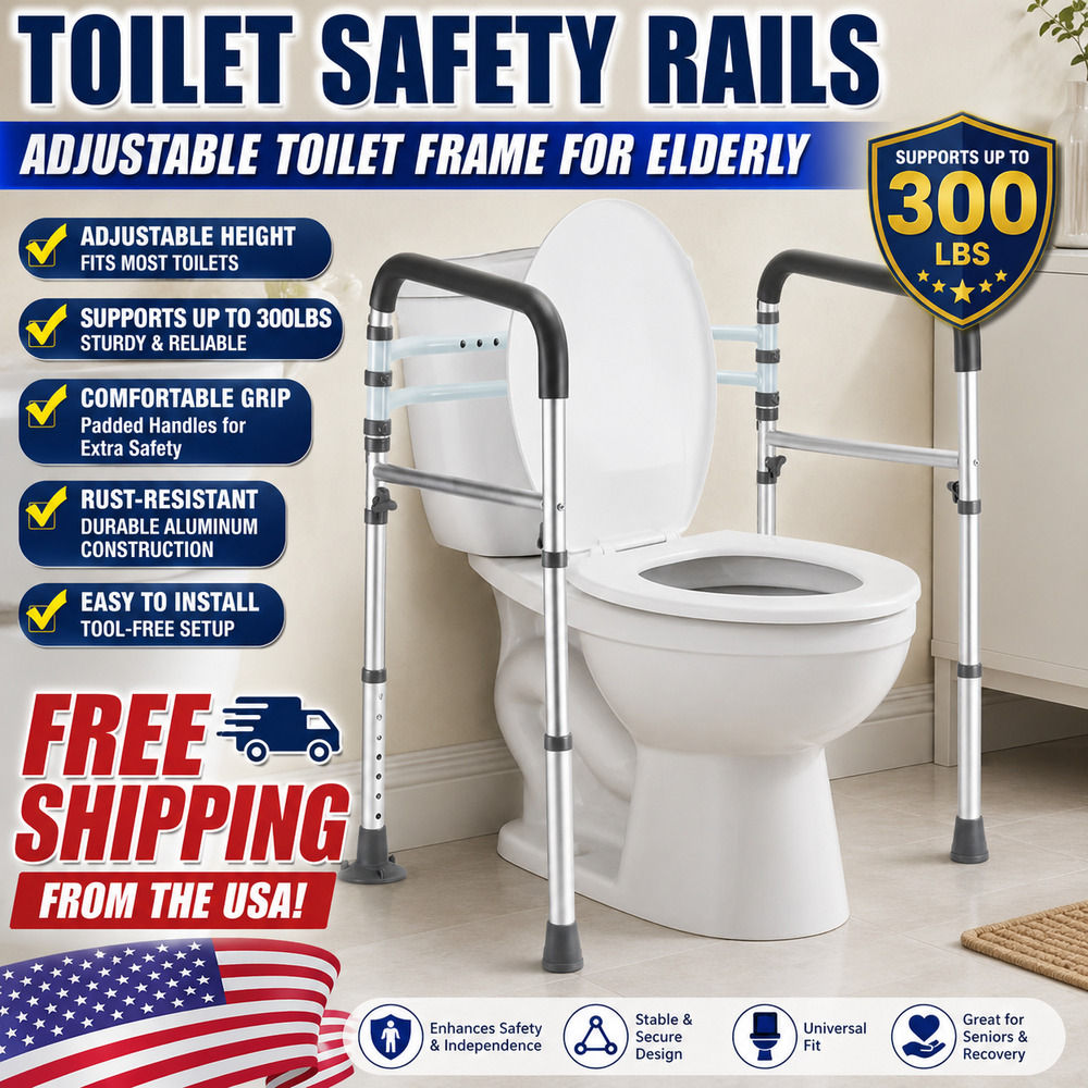 Toilet Safety Rails, Adjustable Toilet Frame for Elderly, Supports 300lbs